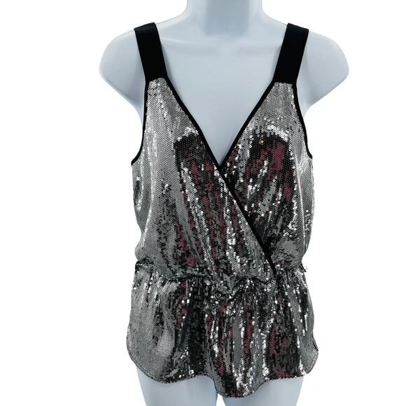 Chelsea 28 Silver Black Sequins Faux Wrap V-Neck Sleeveless Peplum Dressy Top XS - Picture 2 of 8